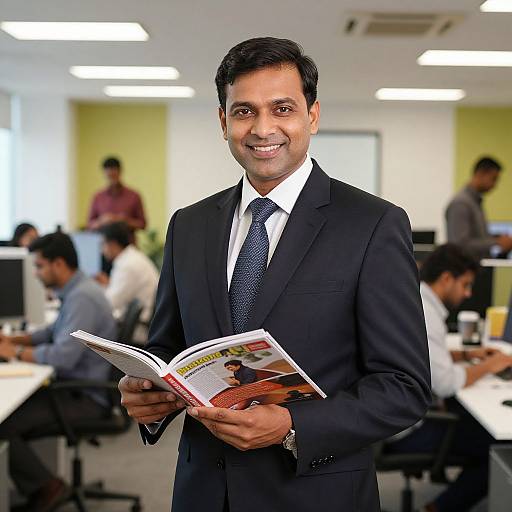Photograph of a smiling Indian man in a black suit and tie, holding a magazine, standing in a brightly lit office with blurred colleagues in the background