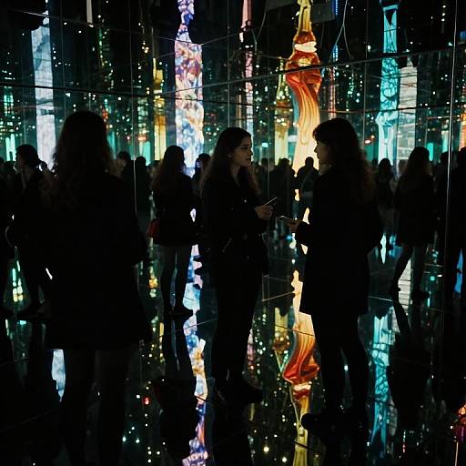 Silhouetted crowd in front of vibrant, colorful light installations with neon patterns and reflections, creating a lively, festive atmosphere. Photograph.