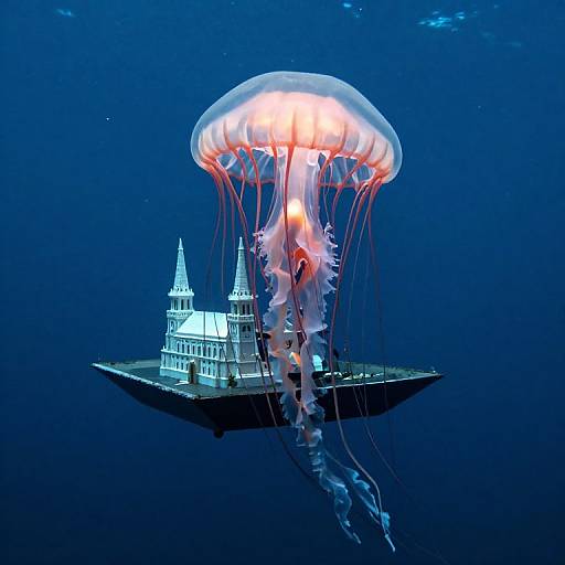 Photograph of a glowing jellyfish with an orange-lit dome hovering above a miniature, detailed replica of the Capitol Building, set against a deep blue