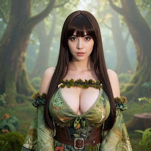 Digital art of a beautiful, busty woman with long black hair, large breasts, green floral dress, and moss-adorned neckline, standing in a