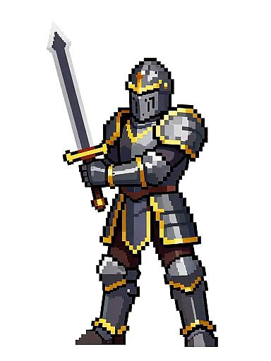 Pixel art of a knight in full silver armor with yellow accents, holding a sword, standing on a white background with gray sides.