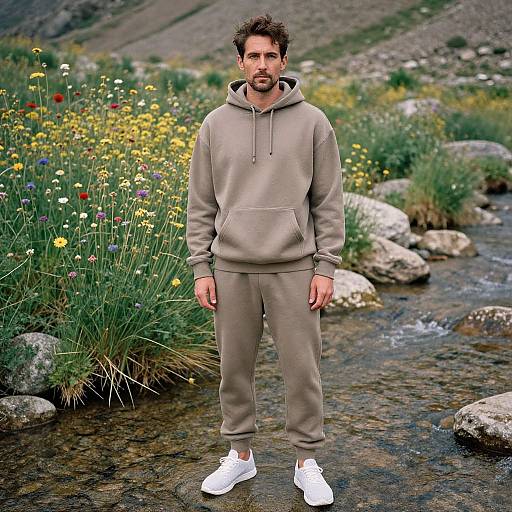 Photograph of a bearded man with short dark hair, wearing a gray hoodie and pants, white sneakers, standing in a rocky mountain stream with colorful