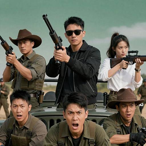 Dynamic Action Scene with Central Hero