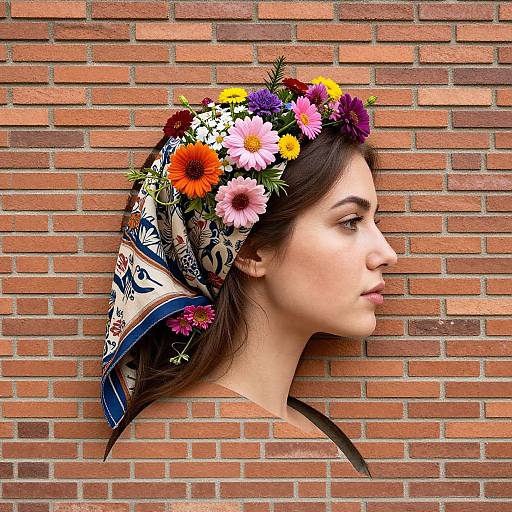 Photograph of a young woman with fair skin, dark brown hair, wearing a colorful floral headband and patterned scarf, against a red brick wall