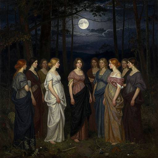Photograph-style painting of eleven women in flowing, colorful dresses gathered in a dark, moonlit forest, gazing at a central figure.