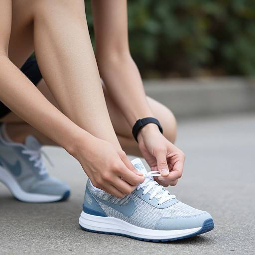 Close-up photograph of a person's hands tying white and blue athletic shoes on a concrete path, wearing black shorts and a black wristband.