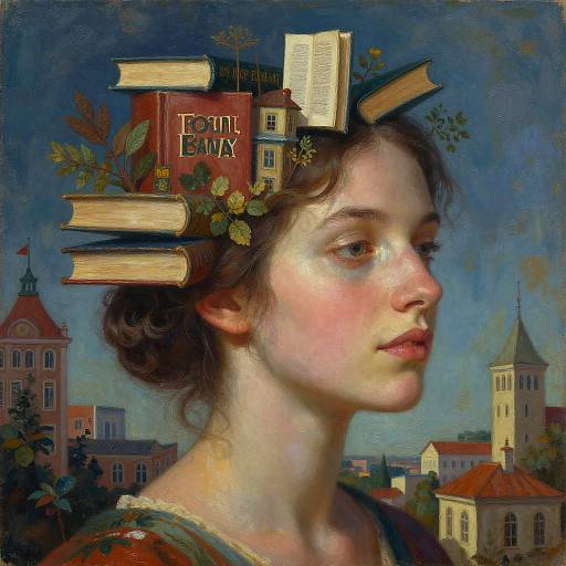 Woman with Surreal Books and Buildings Headpiece