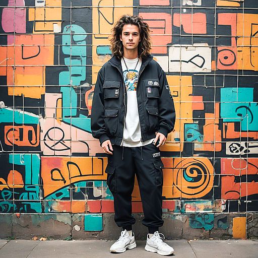 Young Man Posing Against Colorful Graffiti Wall