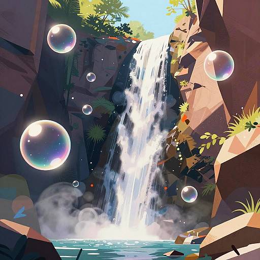 Vibrant Waterfall Canyon with Bubbles