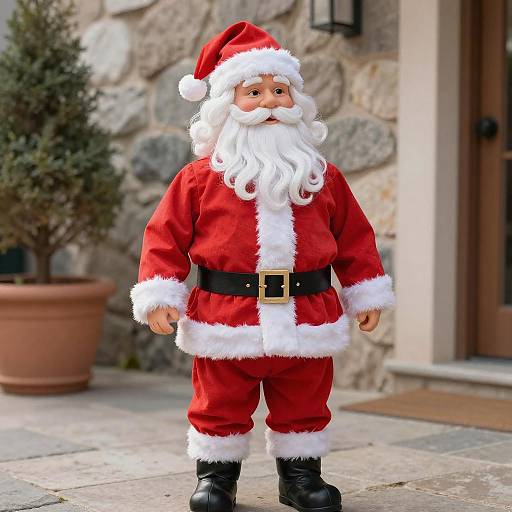 Photograph of a plush Santa Claus doll with a white beard and red suit, standing on a stone-paved porch with a potted tree and stone
