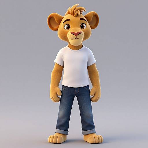 CGI cartoon lion cub with tan fur, brown eyes, short tufted hair, wearing white t-shirt and blue jeans, standing against light gray