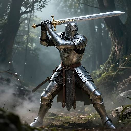 Digital artwork of a knight in shiny silver armor, holding a sword above his head, standing in a misty forest. Dark, patterned tunic