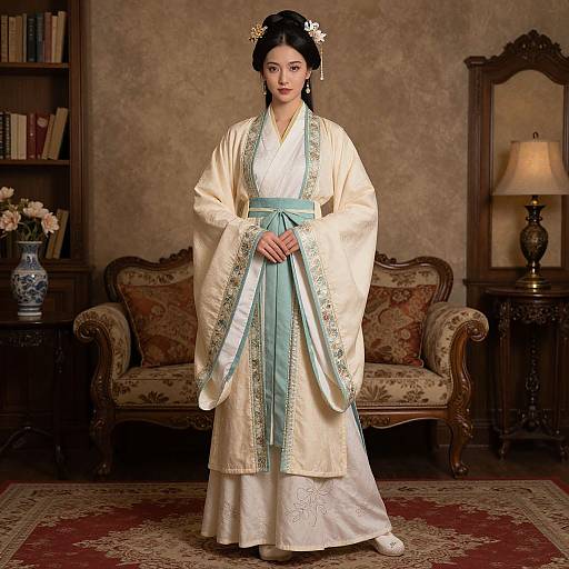 Photograph of an Asian woman in traditional cream and teal hanbok, standing in an elegant, vintage-style living room with wooden furniture and floral decorations