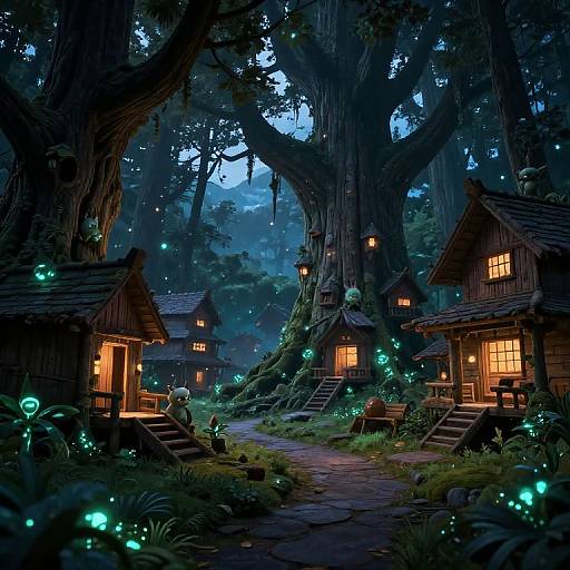 Enchanted forest at dusk with glowing fireflies, wooden cabins with warm yellow lights, and giant trees. Magical, dreamy, serene scene.