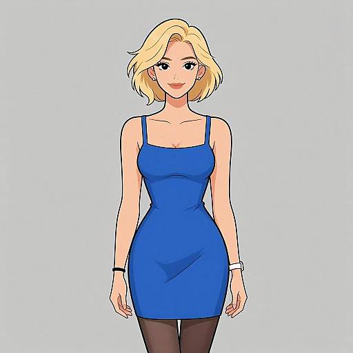 Digital anime-style drawing of a blonde woman in a tight, blue, sleeveless dress, black leggings, and white wristbands, smiling against a light