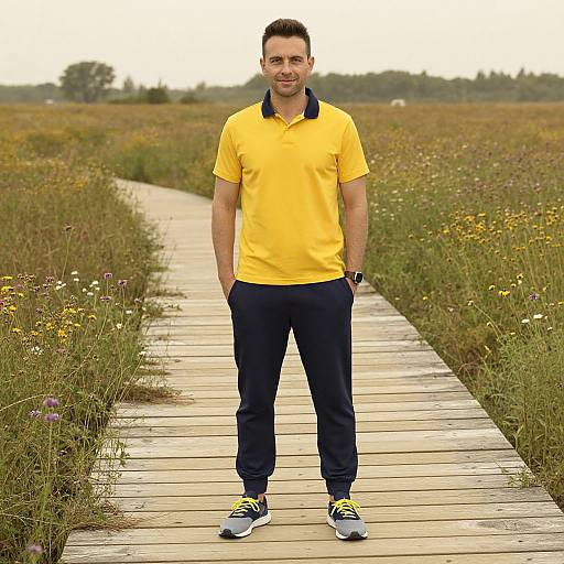 Man in Yellow Polo on Wildflower Boardwalk