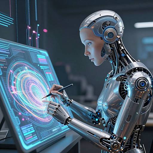 Photorealistic CGI of a shiny, silver female humanoid robot with blue glowing eyes, interacting with a holographic control panel emitting vibrant blue and pink lights