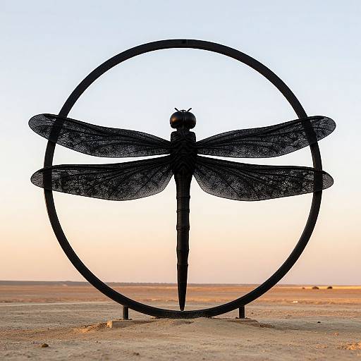 Photograph of a black metal dragonfly sculpture with detailed wings inside a circular frame, set against a desert sunset background.
