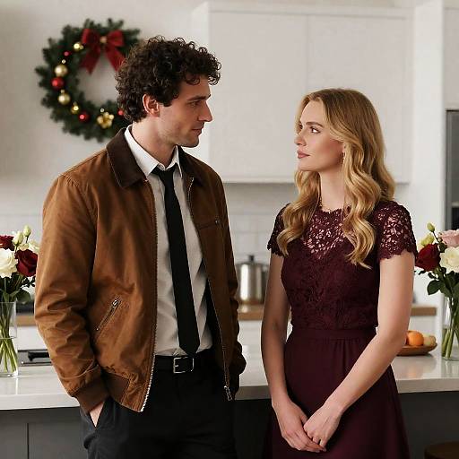 Photograph of a curly-haired man in a brown jacket and black tie facing a blonde woman in a lace burgundy dress, standing in a bright kitchen