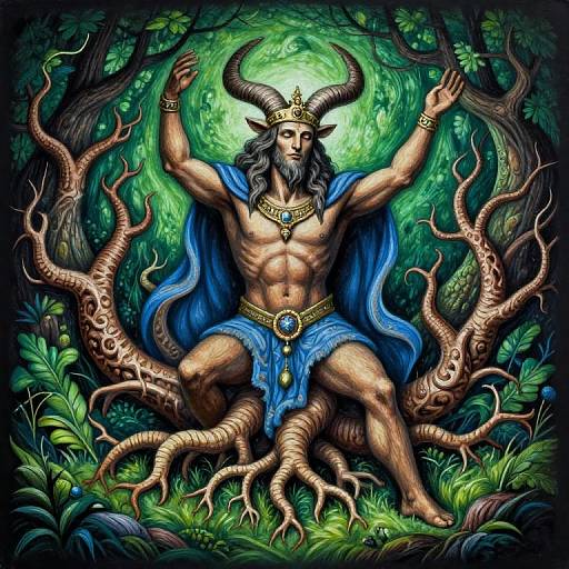 Digital fantasy artwork of a muscular, horned deity with a blue cloak, seated among twisted roots in a vibrant, green forest.
