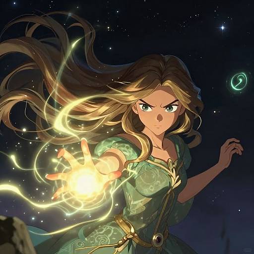 Digital anime-style illustration of a determined young woman with long brown hair, glowing green dress, and outstretched hand casting a bright yellow magical spell against