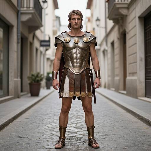 Photograph of a muscular man with wavy brown hair, wearing ancient Greek-style bronze armor and sandals, standing in a narrow, cobblestone European