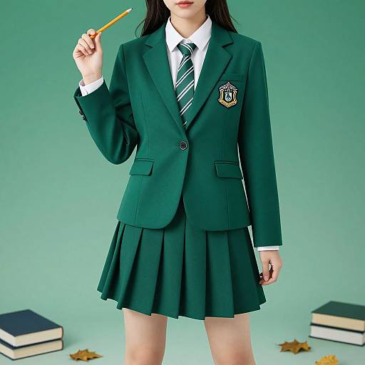 Photograph of an Asian woman in a dark green school uniform blazer, pleated skirt, white shirt, and striped tie, holding a yellow pencil