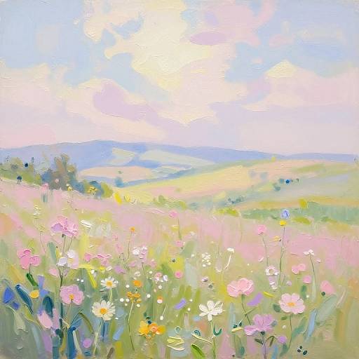 Pastel-colored impressionist painting of a sunny meadow with pink, white, and yellow wildflowers, soft green grass, and a bright, cloudy