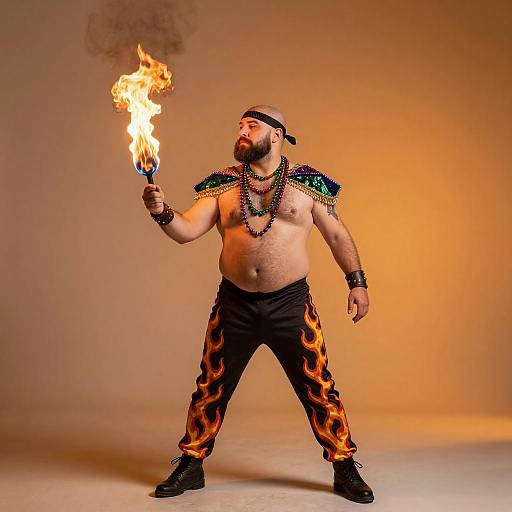 Photograph of a bald, bearded, heavyset man with a headband, colorful bead necklaces, fire in hand, black pants with orange