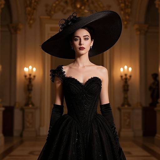 Photograph of a pale-skinned woman with dark lipstick, wearing a black, strapless, ruffled gown, long gloves, and large, wide