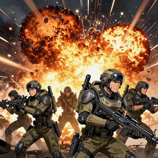 Digital anime-style drawing of four armed soldiers in tactical gear, crouching and aiming at a massive, fiery explosion in the background.