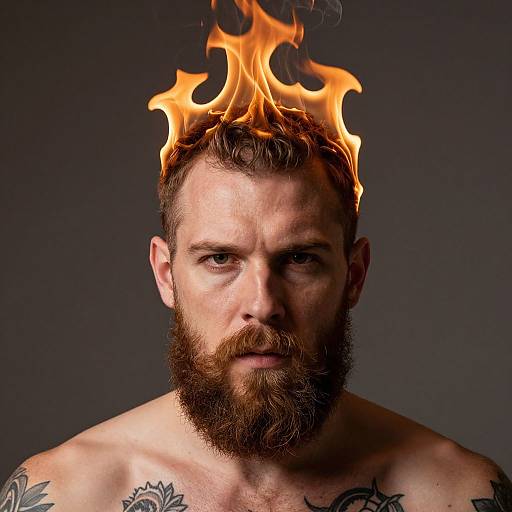 Photograph of a bearded, tattooed white man with fiery flames on his head, serious expression, bare chest, dark background.