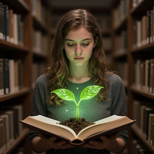 Photograph of a young woman with long brown hair, wearing a gray sweater, reading an open book, with glowing green leaves emerging from the book's