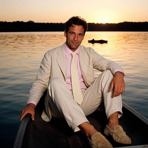 Photograph of a smiling man in a white suit, white tie, and beige loafers, sitting in a boat at sunset with a calm lake and