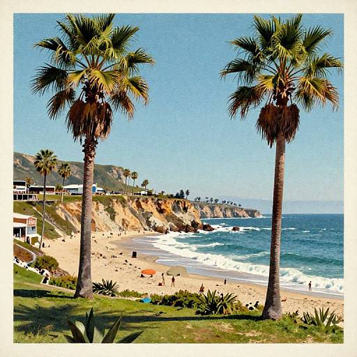 Photograph of a sunny beach with two tall palm trees in the foreground, cliffs, white beach houses, and blue ocean waves.