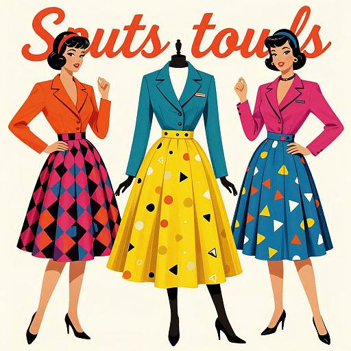 Digital illustration of three women in 1950s-style outfits: two in patterned skirts (pink, blue) and one in yellow, with matching