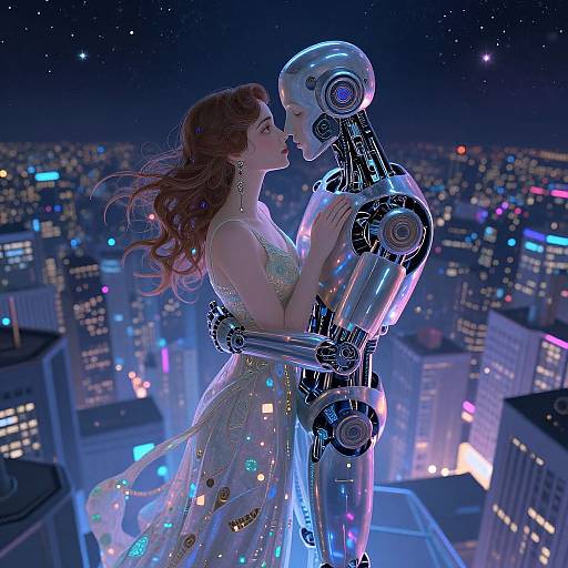 Digital art of a red-haired woman in a sparkling dress embracing a silver robot in a neon-lit, starry cityscape.