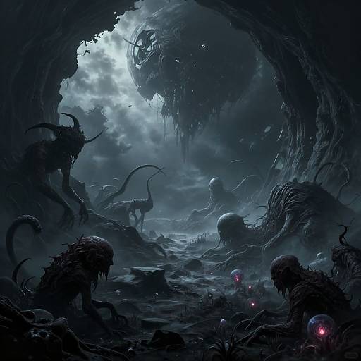 Dark, eerie digital painting of a moonlit cave filled with menacing, tentacled alien creatures, glowing red orbs, and a large, shadowy