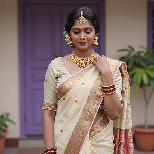 Indian Woman in Traditional Cream and Pink Sari