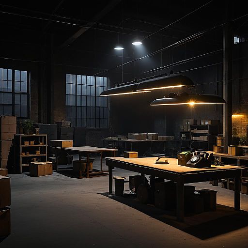 Noir Aesthetic: Dimly Lit Warehouse Scene Noir Aesthetic: Dimly Lit Warehouse Scene