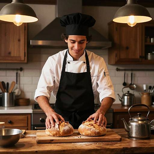 Photograph of a smiling male chef in white shirt and black apron, shaping two loaves of bread on a wooden counter in a warmly lit kitchen