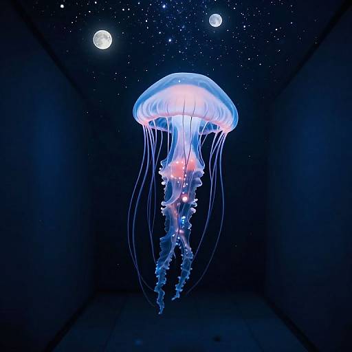 Photograph of a glowing blue and purple jellyfish with translucent tentacles, illuminated against a dark, starry background with three bright moons.