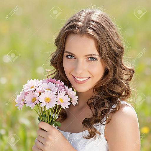 Photograph of a smiling young woman with wavy brown hair, holding a bouquet of pink daisies, wearing a white lace dress, in a