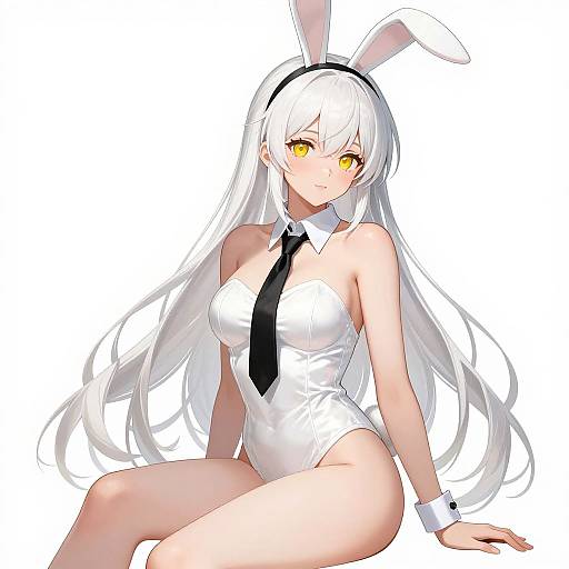 Digital anime drawing of a white-haired girl with yellow eyes, wearing a white bunny suit, black tie, and bunny ears, sitting against a white background