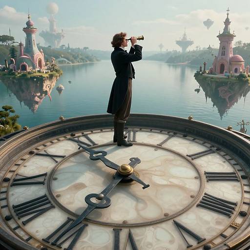 Woman in black dress standing on giant clock face, binoculars in hand, overlooking fantasy islands with pink towers and calm waters.