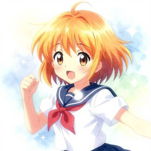 Digital anime-style drawing of a cute young girl with orange hair, brown eyes, wearing a white sailor uniform with a red neckerchief, smiling and