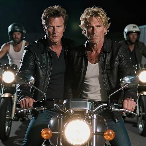 Serious Men and Motorcycle in Moody Light