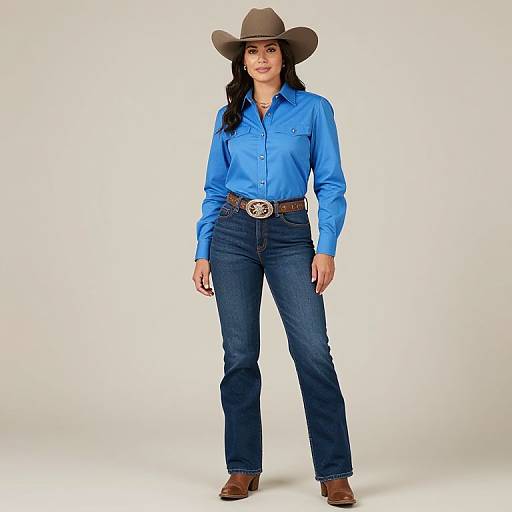 Photograph of a woman with long black hair, wearing a brown cowboy hat, blue button-up shirt, dark blue jeans, brown belt with silver buckle