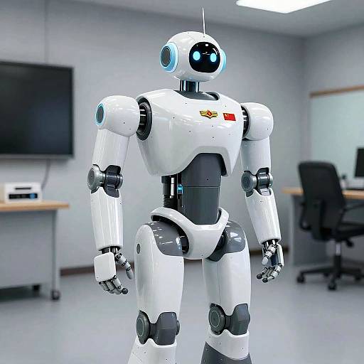 Photograph of a white, humanoid robot with blue eyes, black joints, and a small red emblem on its chest, standing in a modern, gray