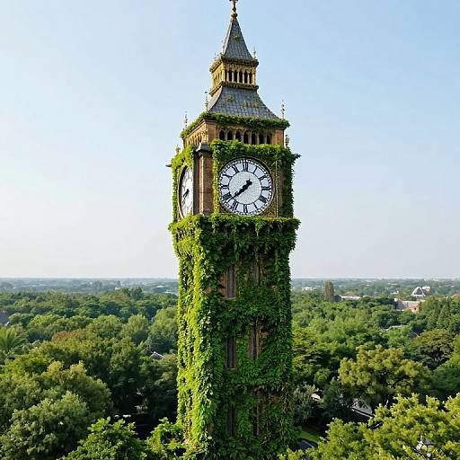 Photograph of a clock tower covered in lush green ivy, standing tall against a clear blue sky, surrounded by a dense forest.